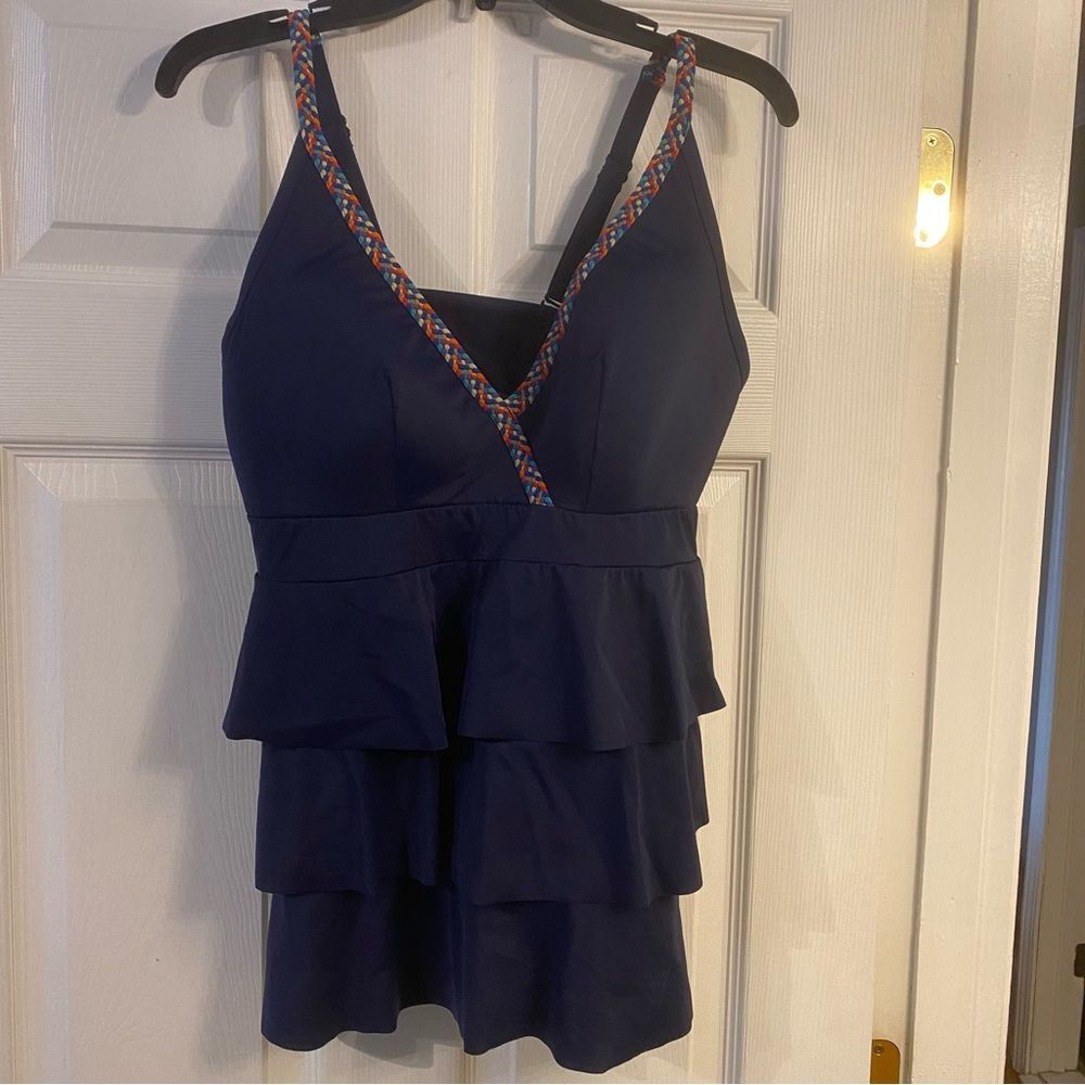 CACIQUE NO WIRE BRAIDED RUFFLE TIERED V-NECK NAVY TANKINI TOP Size 14